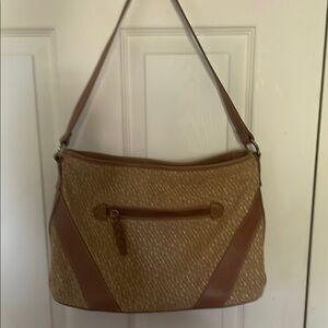 Elegant Tan Shoulder Bag stone Mountain leather, and Rafia bag